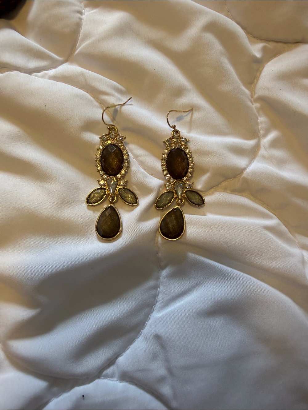 Gold-Tone Brown Stone Drop Earrings - Elegant Women Jewelry